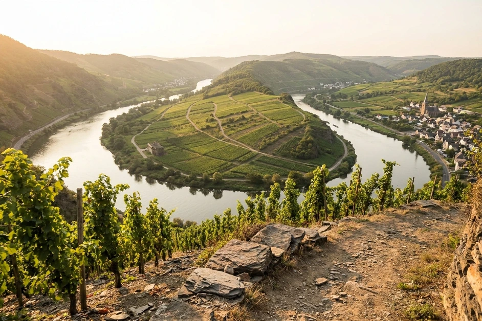 Moselschleife mit steilen Weinbergen im Abendlicht