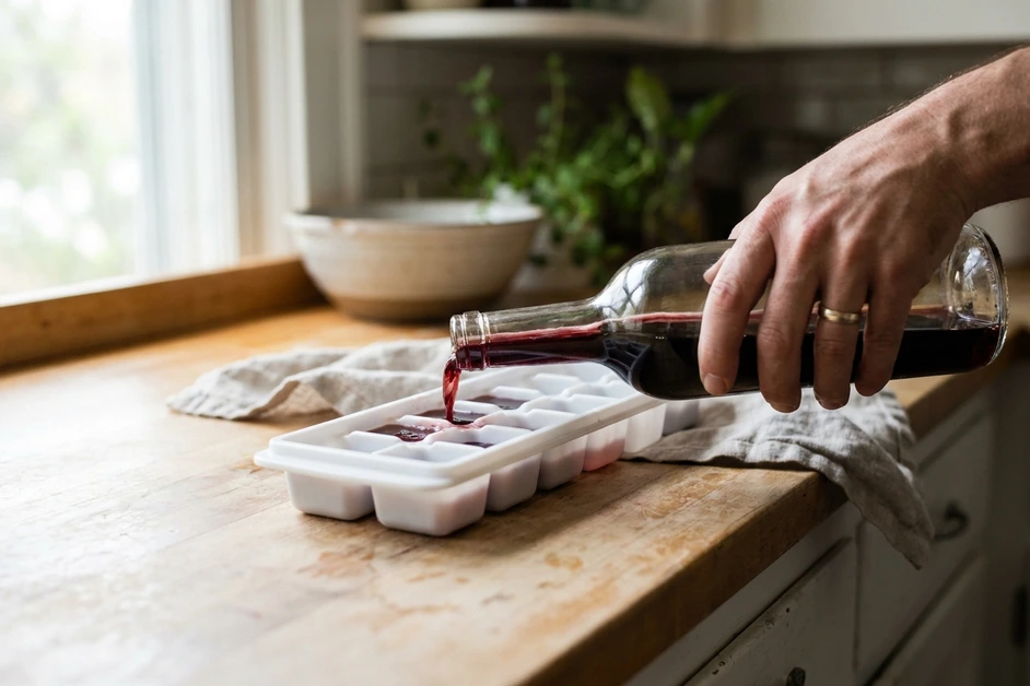 Hand gießt Rotweinreste aus der Flasche in eine weiße Eiswürfelform auf einer hellen Küchenarbeitsplatte