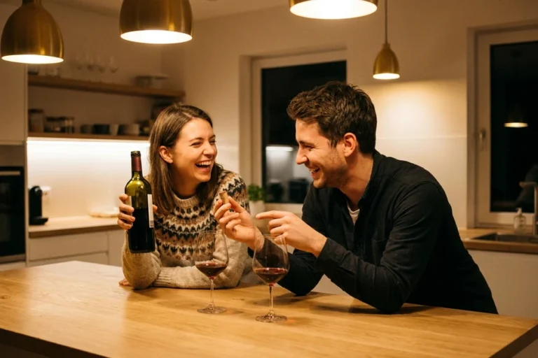 Zwei Freunde lachen am Ende eines Weinabends in einer modernen Küche, dazwischen eine halb volle Flasche Rotwein und zwei Stielgläser