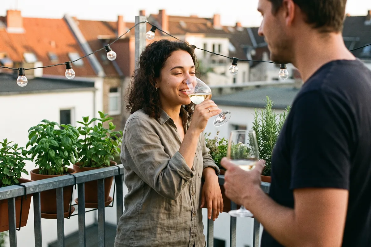 Junge Frau nippt auf einem Stadtbalkon im Abendlicht an einem Glas Weißburgunder, ein Mann hält sein Glas daneben