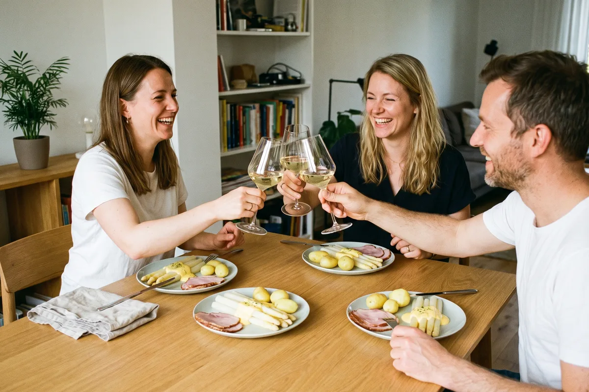 Drei Freunde stoßen am Esstisch mit Weißburgunder an, auf den Tellern weißer Spargel mit Sauce hollandaise, Kartoffeln und Schinken