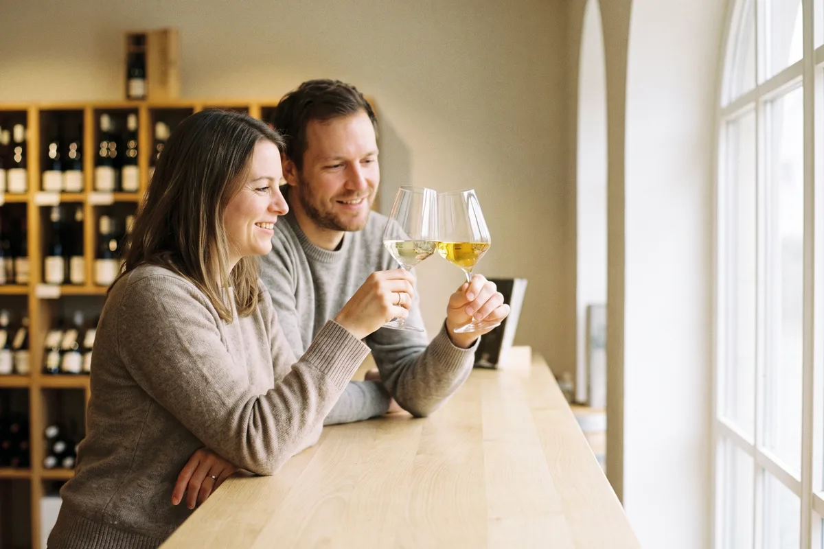 Eine Frau und ein Mann vergleichen in einer Vinothek zwei Gläser Weißwein gegen das Licht: links blasser Weißburgunder, rechts goldgelber Chardonnay