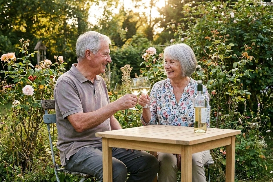 Älteres Paar stößt im sommerlichen Garten mit zwei Gläsern säurearmem Weißwein an