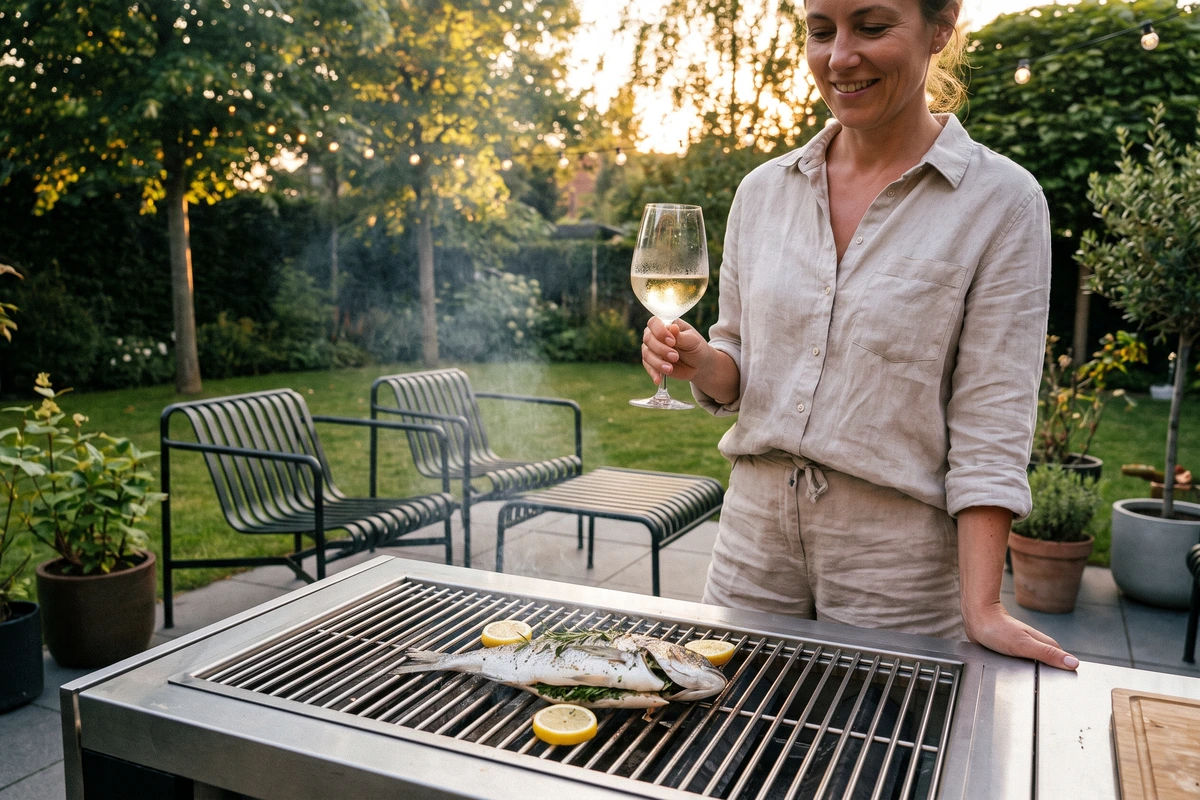 Ganze Dorade mit Zitrone und Rosmarin auf dem Grill, daneben eine Frau mit einem Glas gekühltem Weißwein