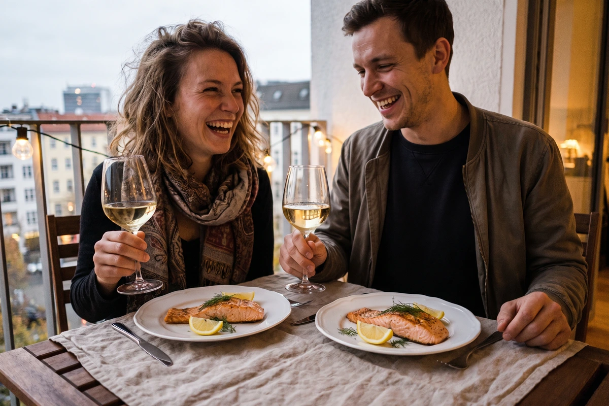 Zwei Freunde stoßen auf dem Balkon mit Weißwein an, auf den Tellern gebratenes Lachsfilet mit Zitrone und Dill