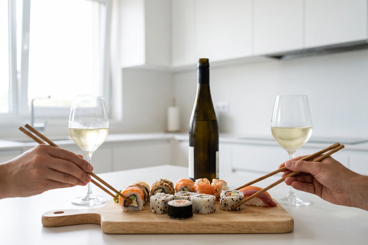 Sushi-Platte auf einem Holzbrett, zwei Hände mit Stäbchen und zwei Gläser Riesling in einer hellen Küche