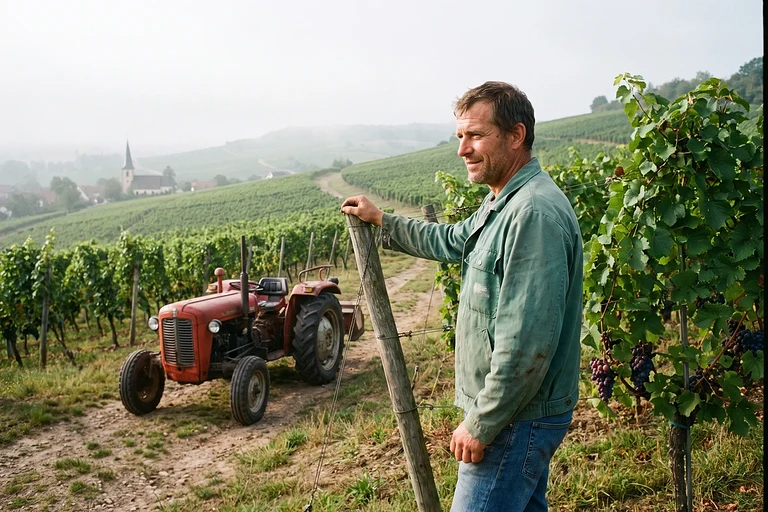 Mann in Arbeitsjacke steht am Rand eines Weinbergs in Rheinhessen, dahinter ein alter roter Traktor