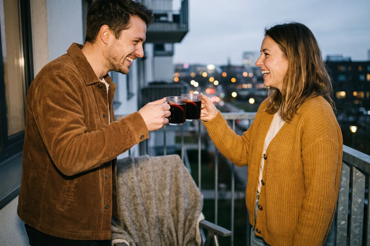 Zwei Freunde stoßen auf einem Balkon im Winter mit Glühwein in Henkelgläsern an