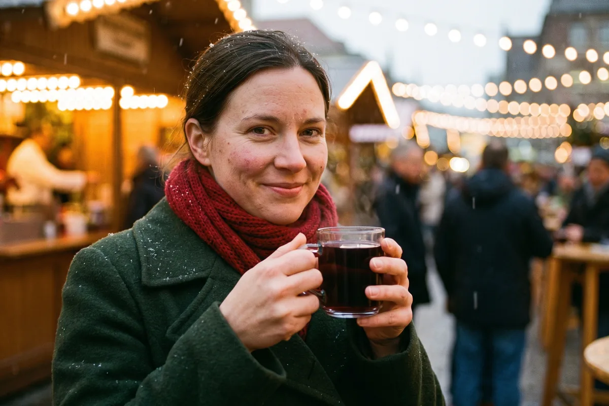 Frau mit Glühwein im Henkelglas auf einem Weihnachtsmarkt im Lichterglanz