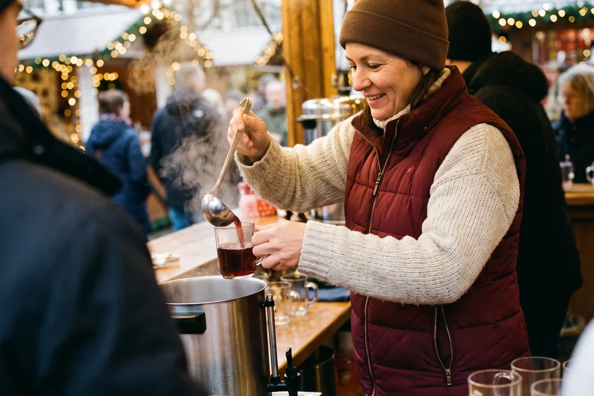 Winzerin schenkt an einem Weihnachtsmarktstand dampfenden Glühwein aus einem Edelstahlkessel in ein Henkelglas